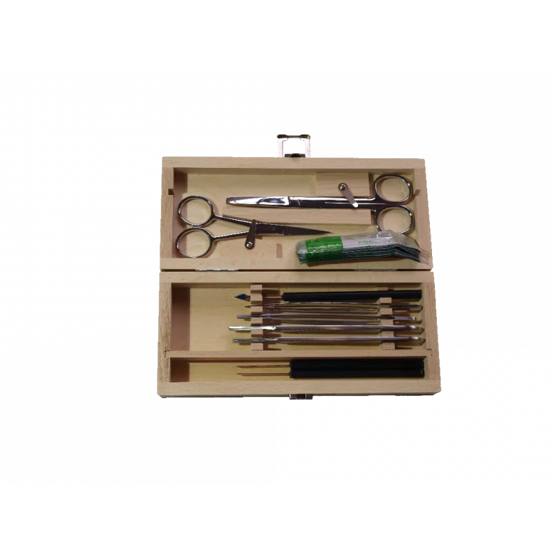 Kit per necroscopia: 10 attrezzi confezione in legno