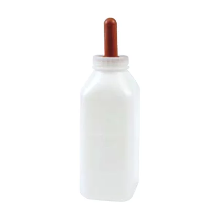 Plastic bottle for calves with thread to hold the nipple