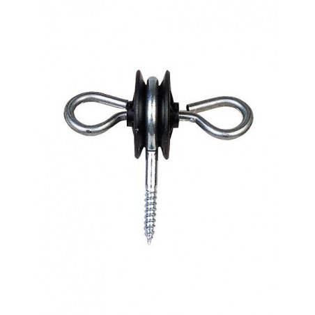 Insulator for wood and wire electric fence with double ring lag screw for closing handle